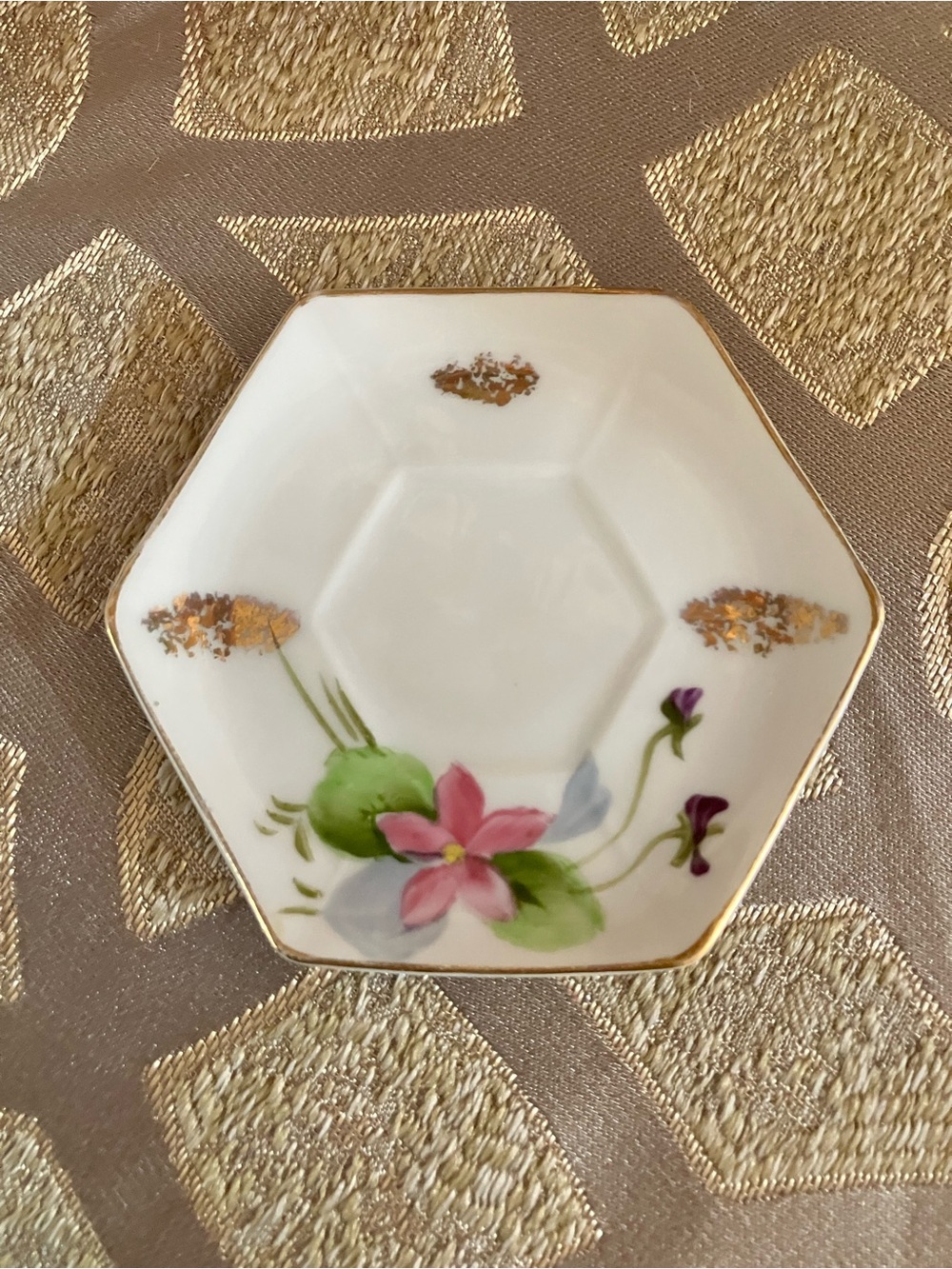 Hexagonal Floral Porcelain Butter Pat with Gold Accents - Picture 2 of 5